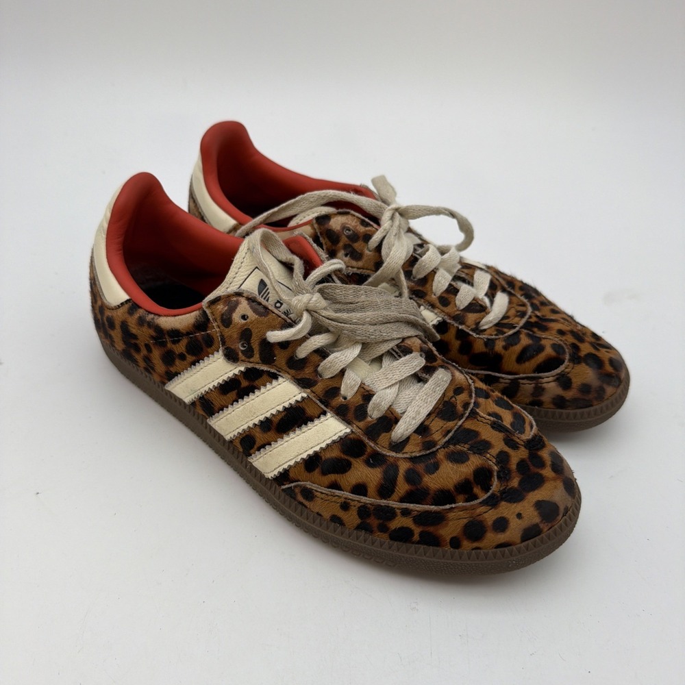 adidas size 9 Samba Leopard Print Low Top Lace-Up Sneakers Brown/Black/White Red